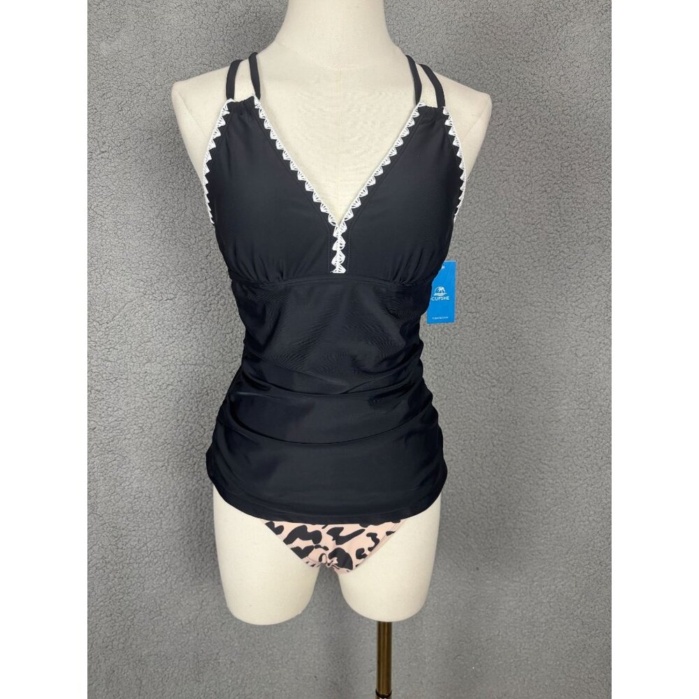 Cupshe Womens Tummy Control Criss Cross Back Tie Shell Stitched Tankini Sets NWT